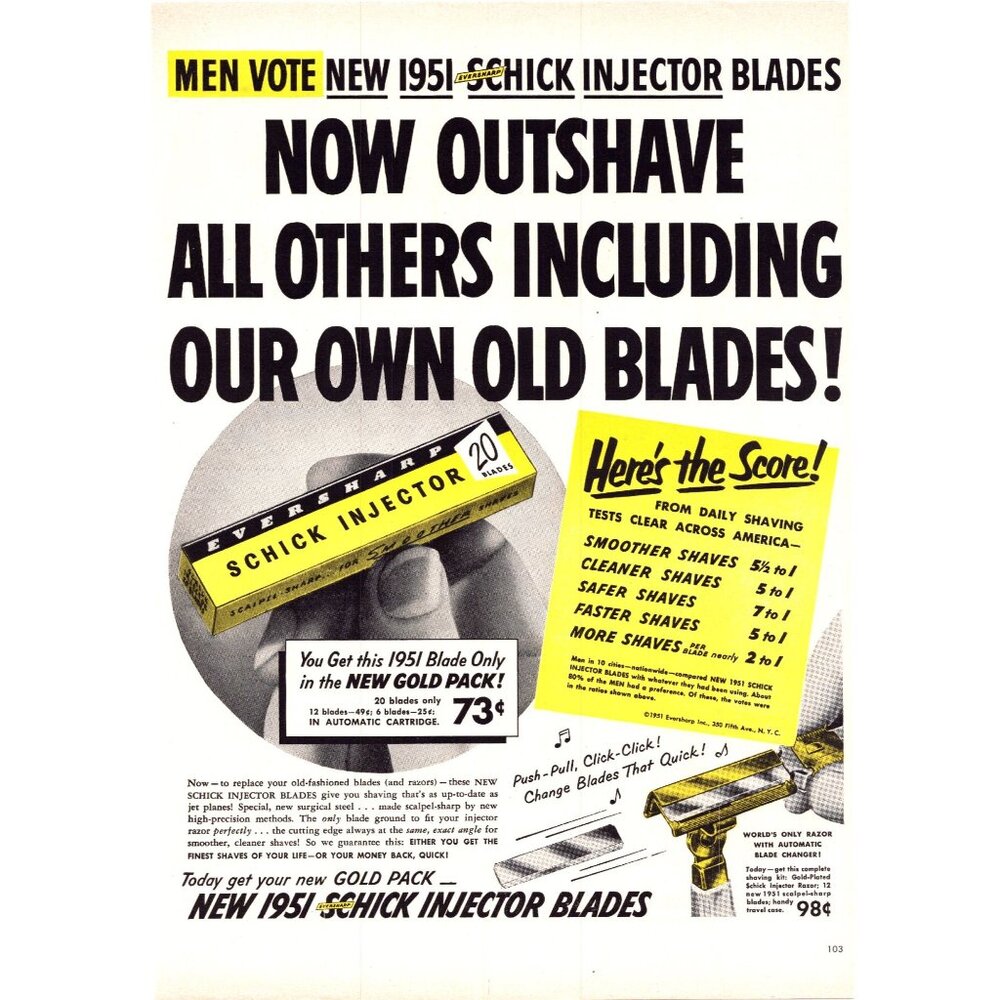 1951 Schick Injector Razor Blades Vintage Print Ad Men's Shaving 50s Wall Art